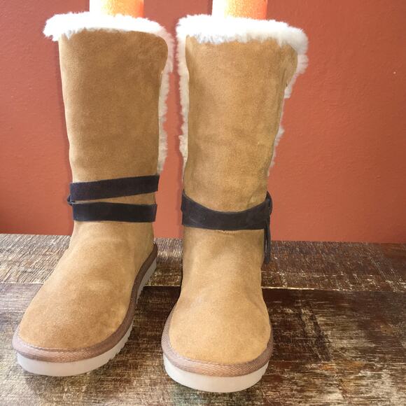 Koolaburra by UGG Rozalia Tall Fur Lined Boot Womens 8 Tie Shearling Suede Brown - Picture 3 of 11